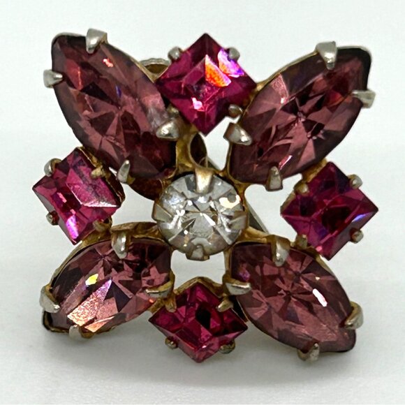 Vintage Floral Starburst Pink & Clear Rhinestone Silver-Tone Screw Back Earrings - Picture 4 of 8